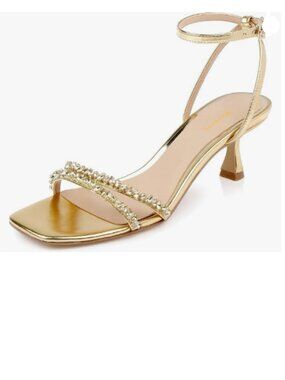 Wansseny Gold Gorgeous Rhinestone Strappy Open Square Toe Ankle Strap Sandals